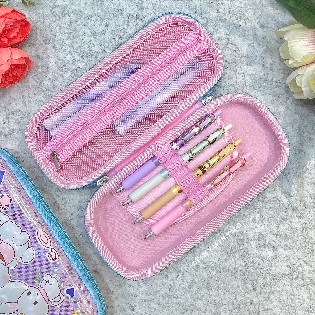 Inside of Holographic Cinnamoroll Smiggle Pouch with stationery Items arranged Inside - Tinyminymo