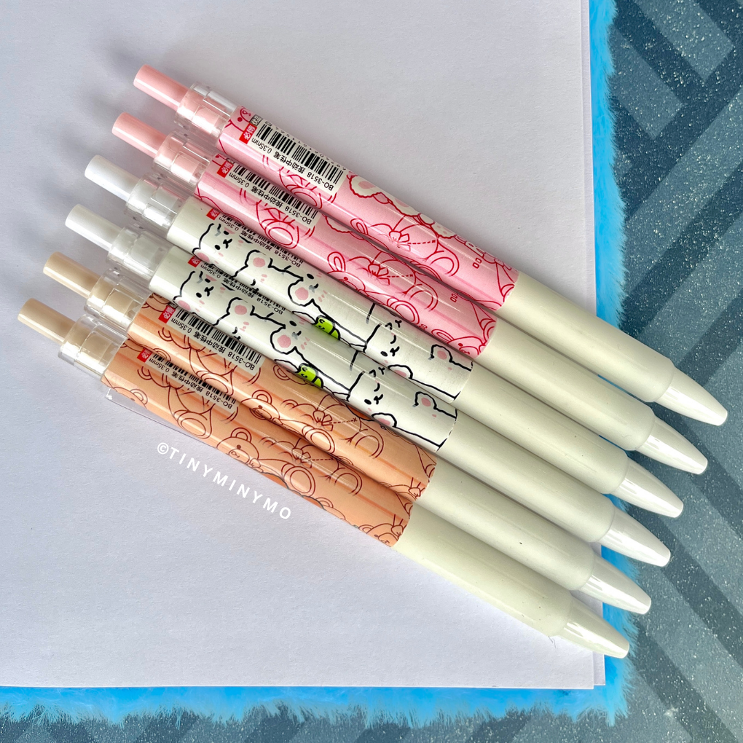 Six Kawaii Animal Gel Pens Placed on a Blank Page Diary – Tinyminymo