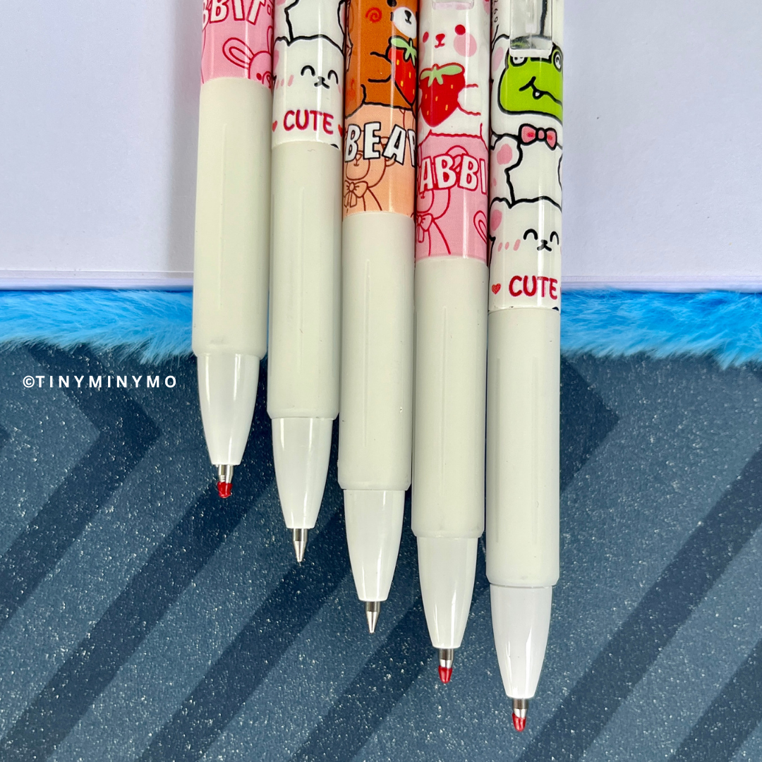 Five Kawaii Animal Gel Pens with Colorful Designs Showcasing the Pen Tip - Tinyminymo