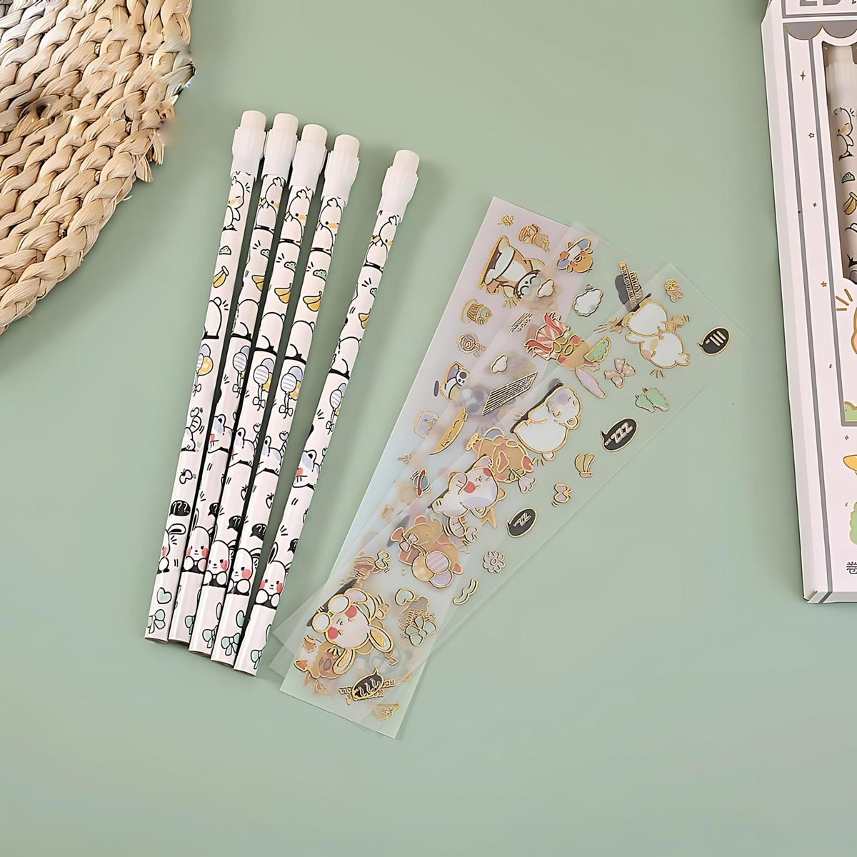 Kawaii Animal 5 Pencil and 4 Sticker Sheet Set - Tinyminymo