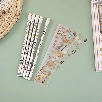 Kawaii Animal 5 Pencil and 4 Sticker Sheet Set - Tinyminymo