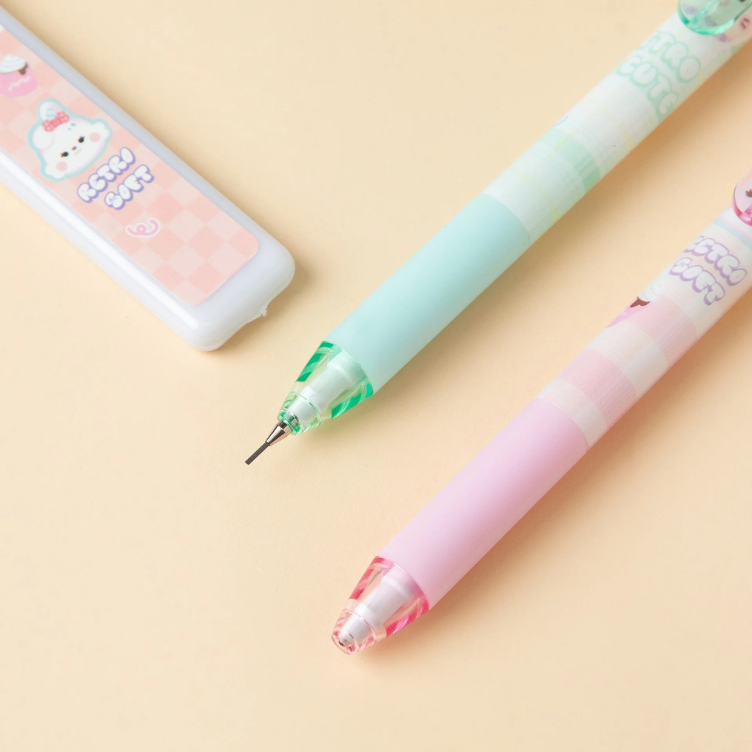 Two colorful Kawaii Bunny Mechanical Pencil with a small white container on a Beige Background - Tnyminymo