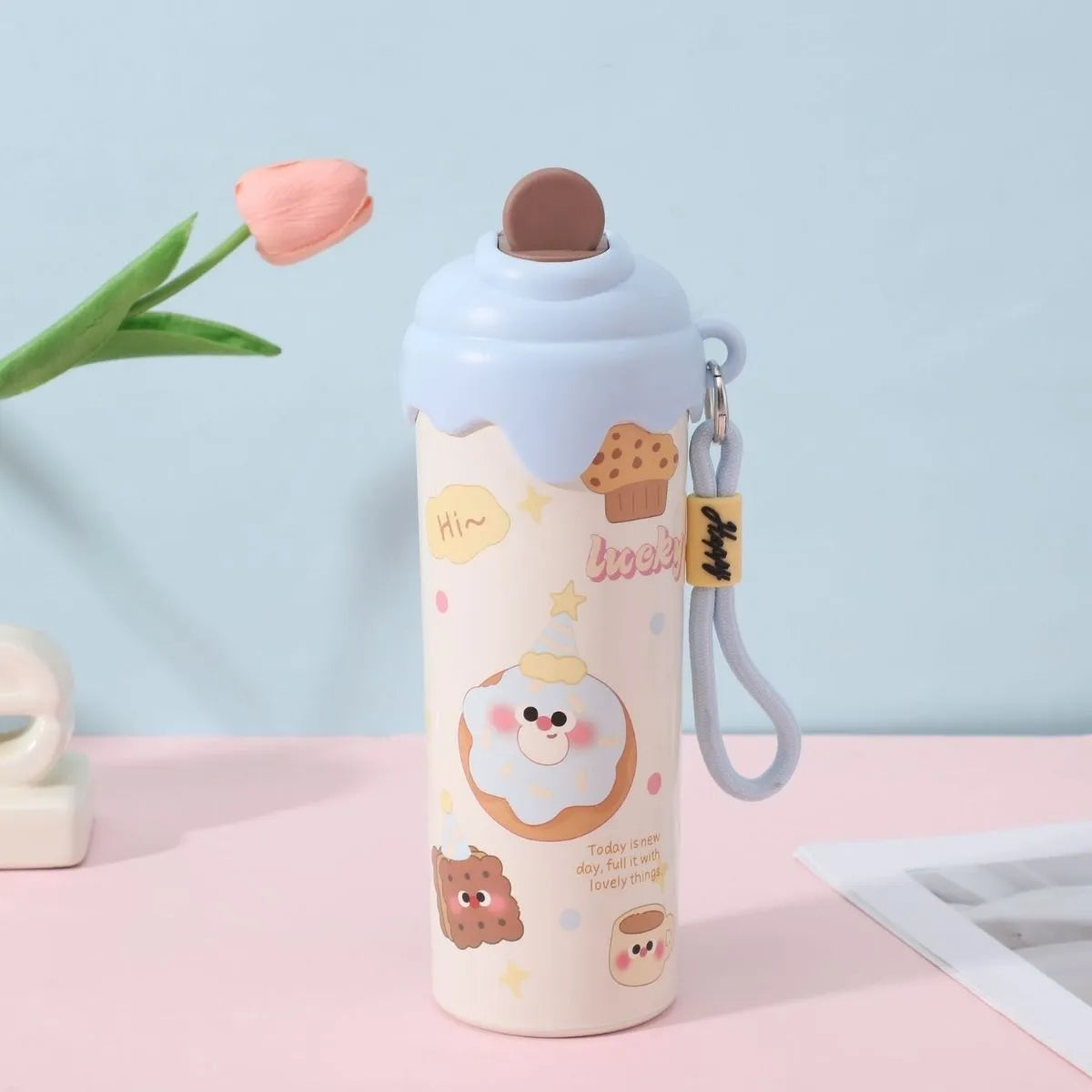 Blue Lid Kawaii Ice-cream Water Bottle - Tinyminymo