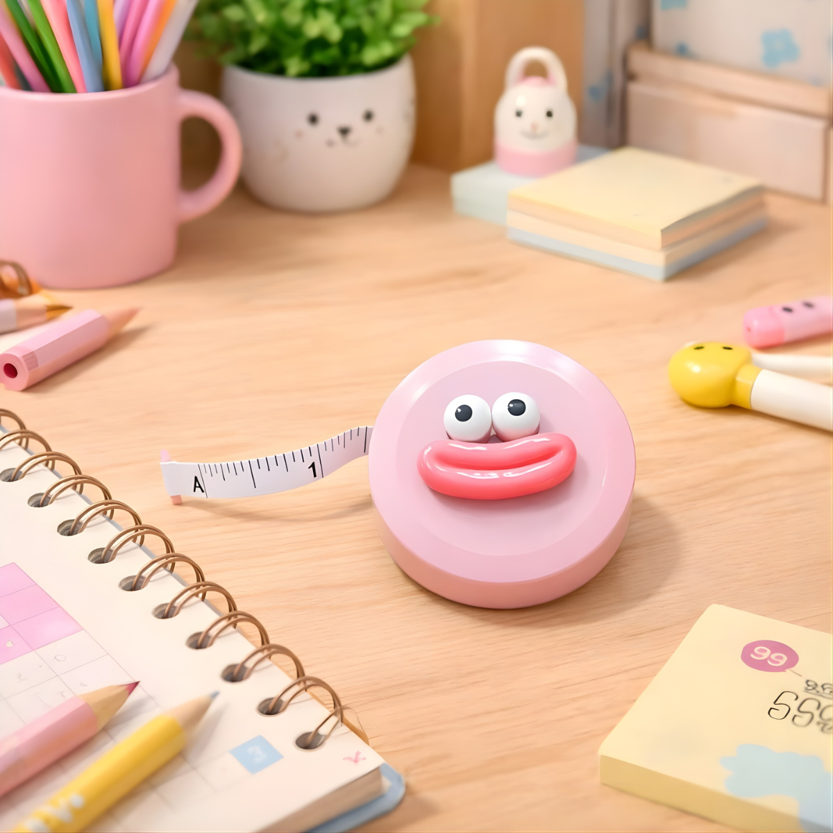 Pink Tape Measure on a Desk with Stationery Items - Tinyminymo