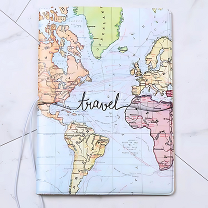 World Map Themed Kawaii Passport Cover with 'Travel' Text Displayed on a Light Background - Tinyminymo