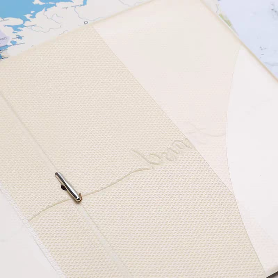 Close-Up of a Textured Inside of White Kawaii Passport Cover with World Map Design on a Light Blue Background - Tinyminymo