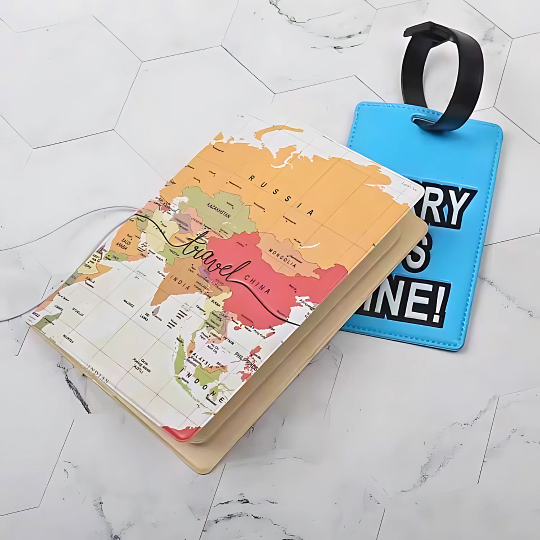 Kawaii Passport Cover and Blue Luggage Tag with Travel-Themed Text Placed on a Marble Surface - TInyminymo