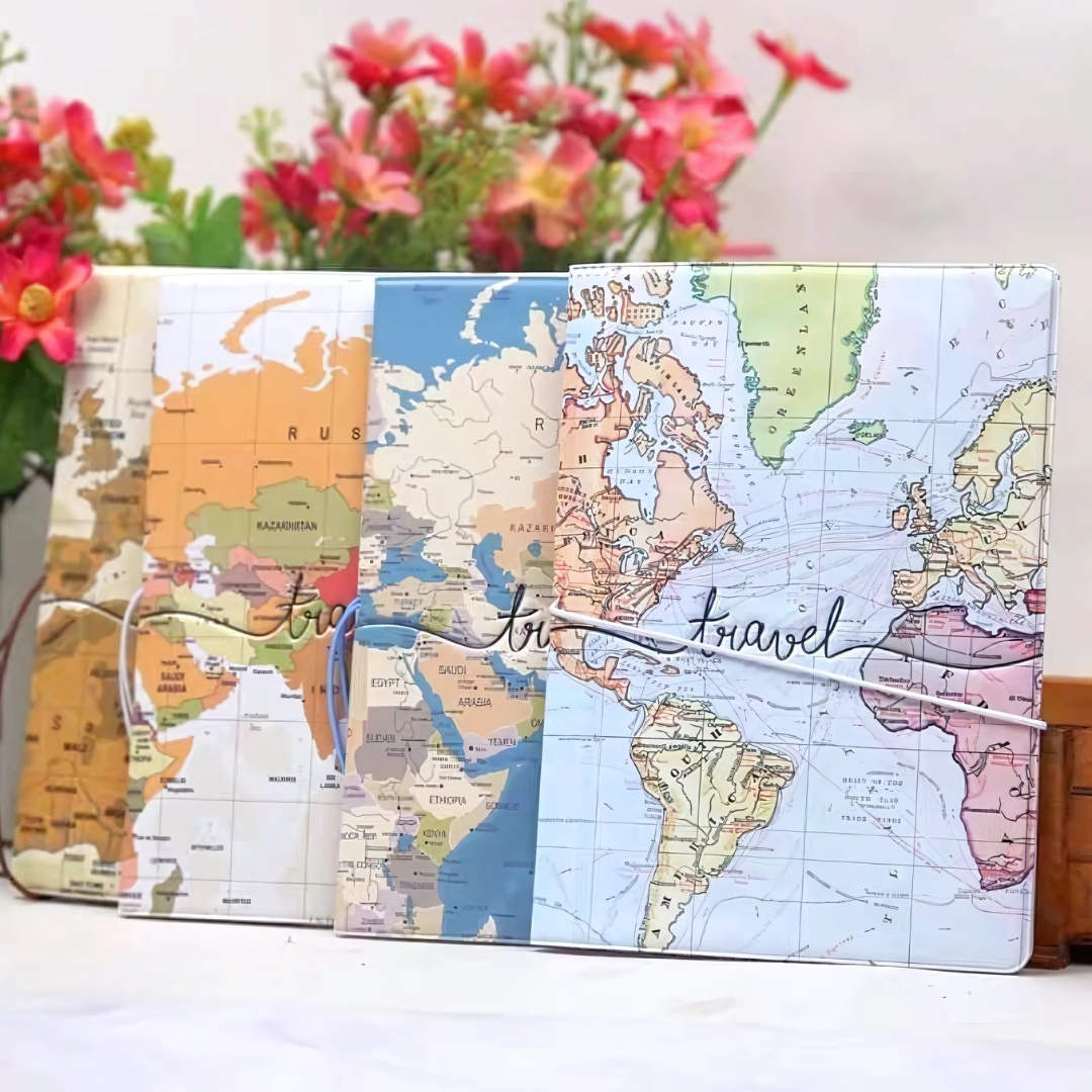 Map Themed Kawaii Passport Cover with 'Travel' Text on a Floral Background - Tinyminymo