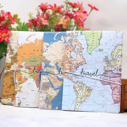 Map Themed Kawaii Passport Cover with 'Travel' Text on a Floral Background - Tinyminymo