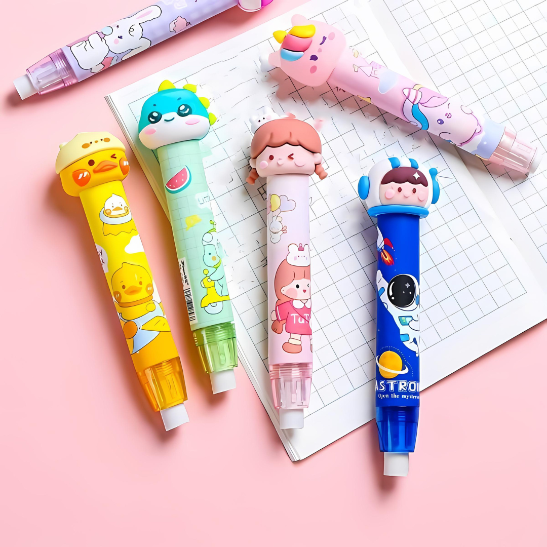 Different Characters of Kawaii Push Eraser   on the Table Top - Tinyminymo