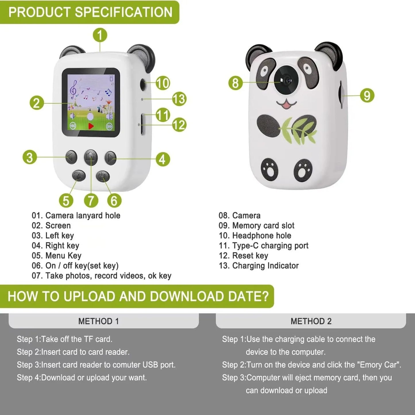 Product specification Chart for a Kids Digital Camera - Tinyminymo