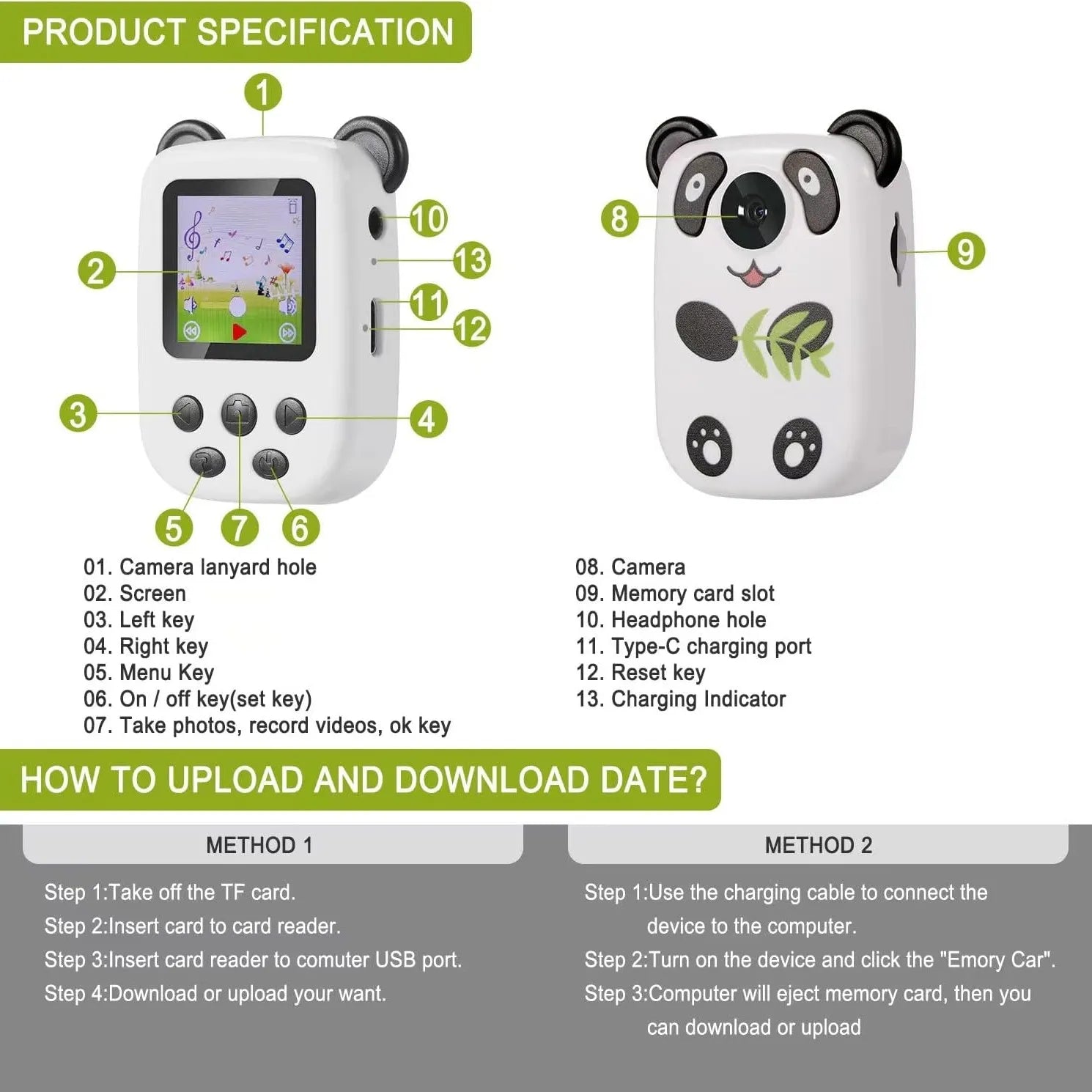 Product specification Chart for a Kids Digital Camera - Tinyminymo