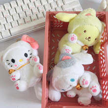 Load image into Gallery viewer, Two Kitty Cosplay Sanrio Plush Keychain in a Basket and One Outside the Basket - Tinyminymo

