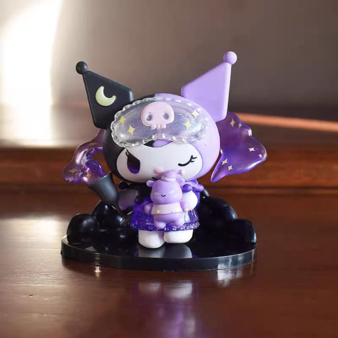 Kuromi Action Figure in a Purple Outfit with Black Stand on a Wooden Surface - Tinyminymo