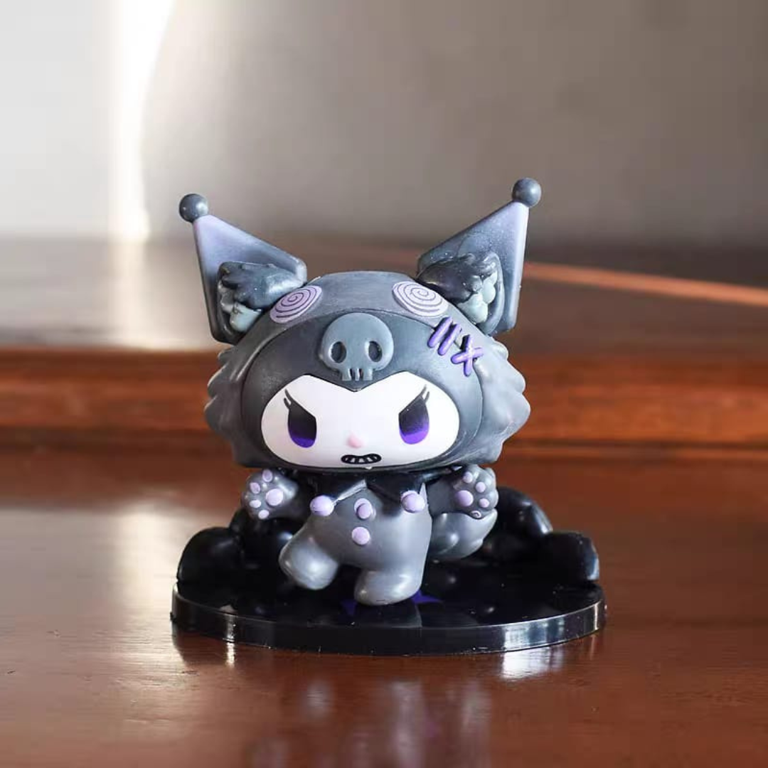 Grey Kuromi Action Figure with Black Stand on a Wooden Surface - Tinyminymo
