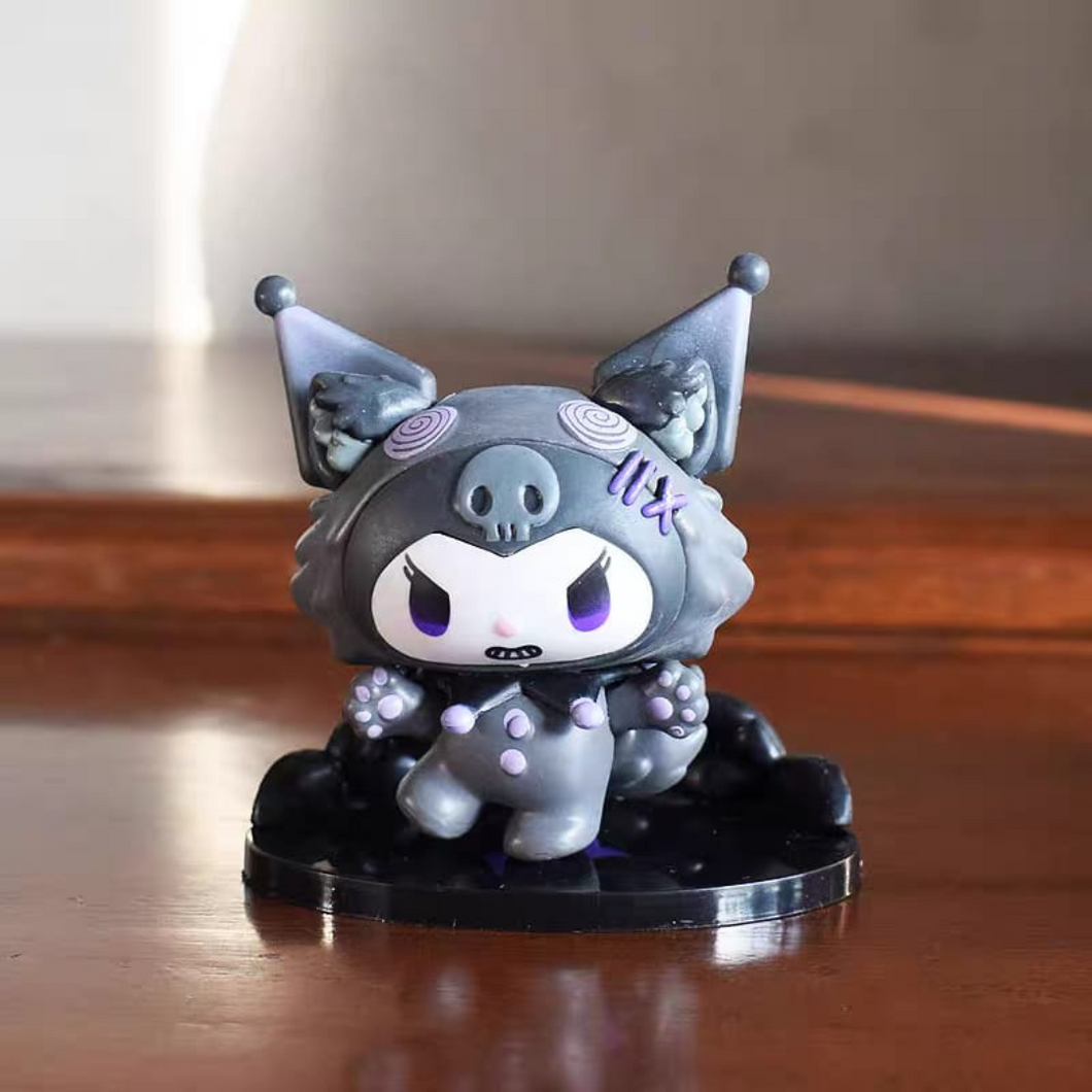 Grey Kuromi Action Figure with Black Stand on a Wooden Surface - Tinyminymo