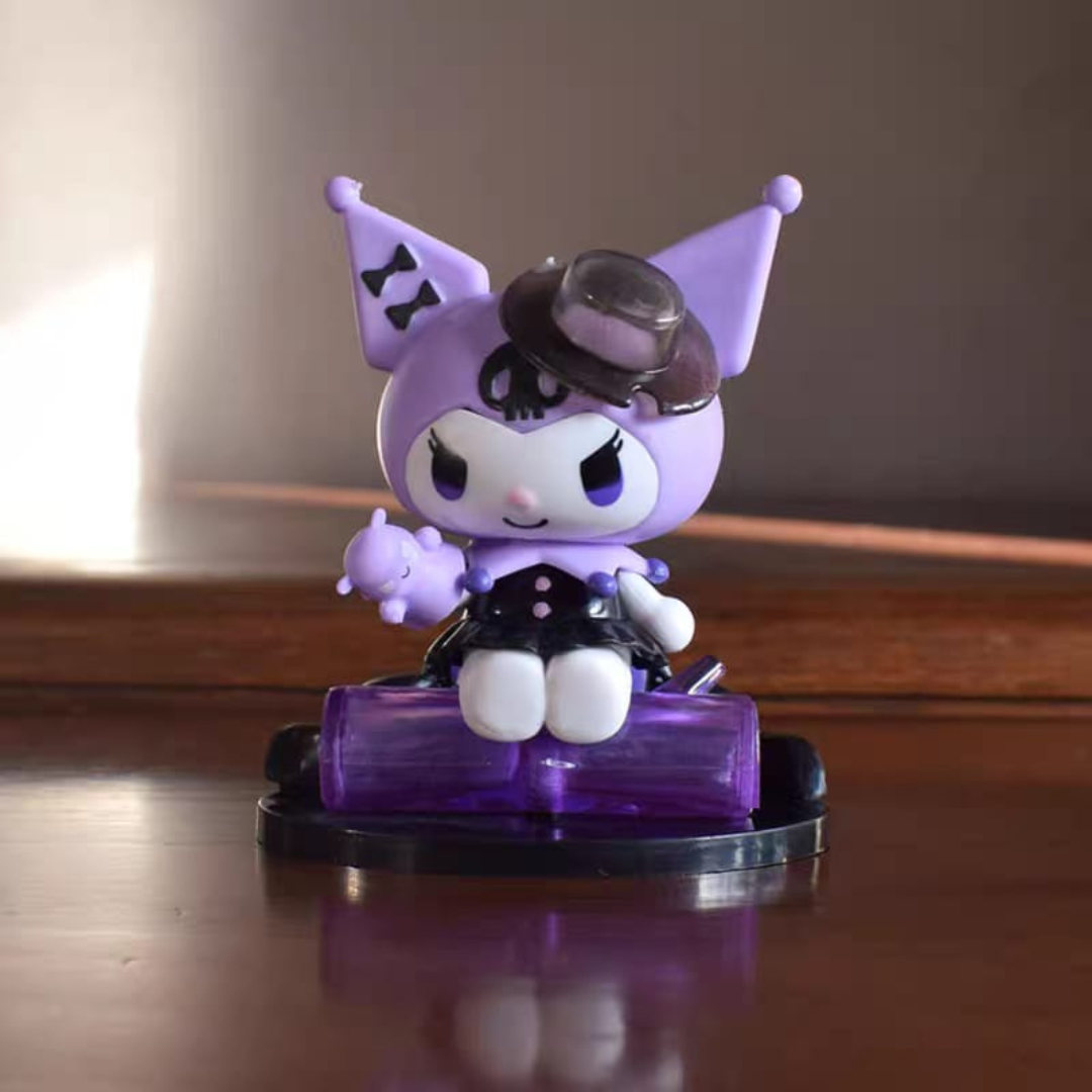 Kuromi Action Figure Dressed in a Black Hat and Outfit, Displayed on a Wooden Surface - Tinyminymo