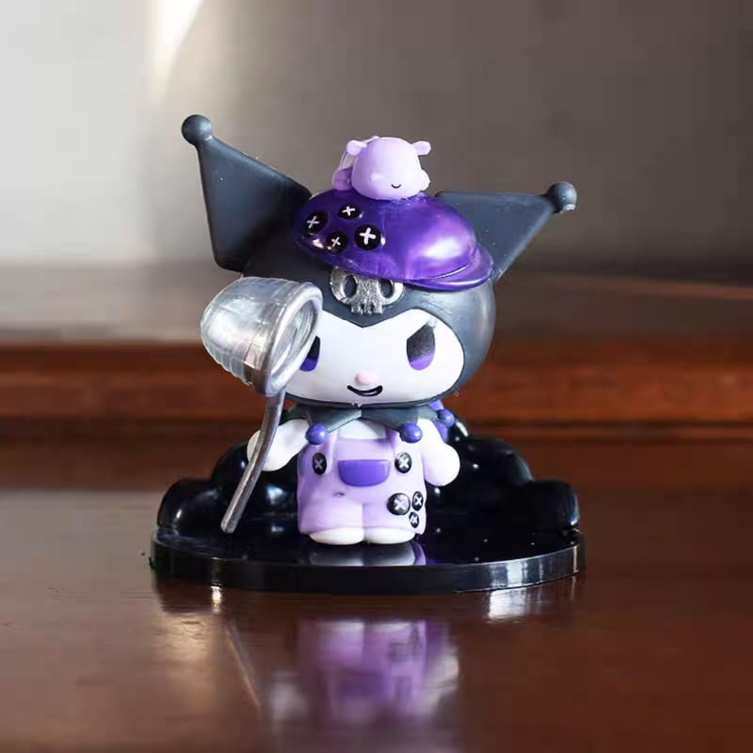 Kuromi Action Figure Featuring Purple and Black Design with Black Stand on a Wooden Surface - Tinyminymo