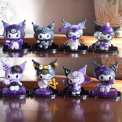 Set of Eight Kuromi Action Figures with Purple Accents on a Wooden Surface - Tinyminymo