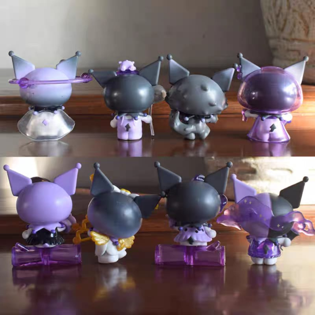Rear View of Set of Eight Kuromi Action Figures in Purple and Grey Colours, Displayed on a Reflective Surface - Tinyminymo