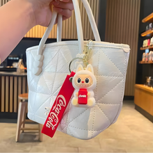 Load image into Gallery viewer, White Quilted Handbag with a Coca-Cola Lababu holding a Can Keychain - Tinyminymo
