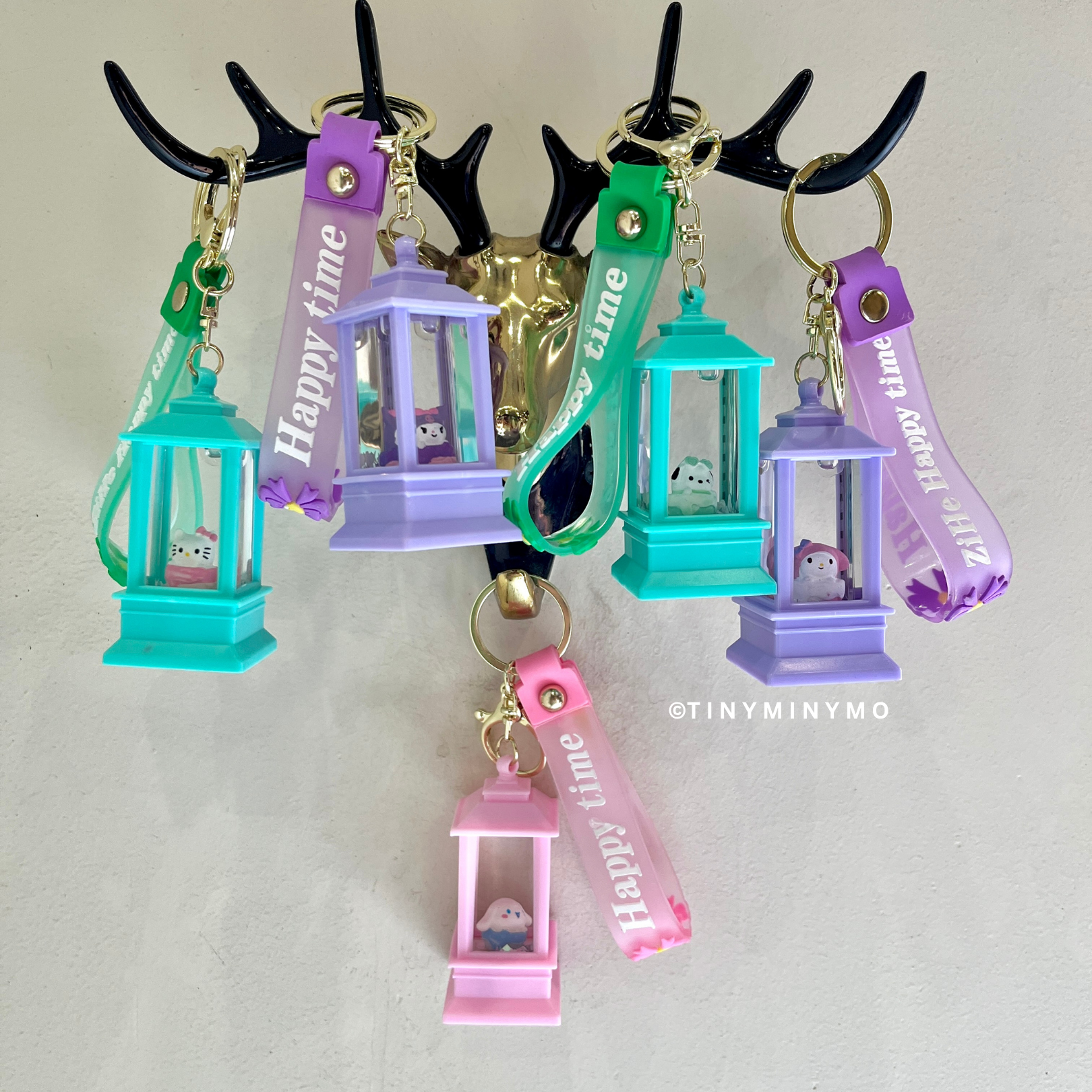 Colorful Lightup Sanrio Keychains with 'Happy Time' Text on the Strap, Hanging - Tinyminymo