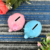 Pink and blue piggy banks on a textured surface with flowers background - Tinyminymo