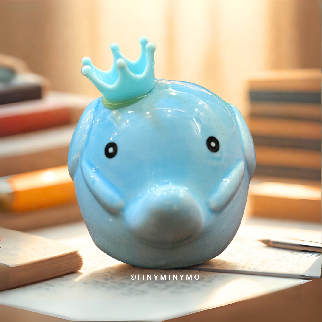 Blue ceramic piggy bank with a crown on a wooden surface - Tinyminymo