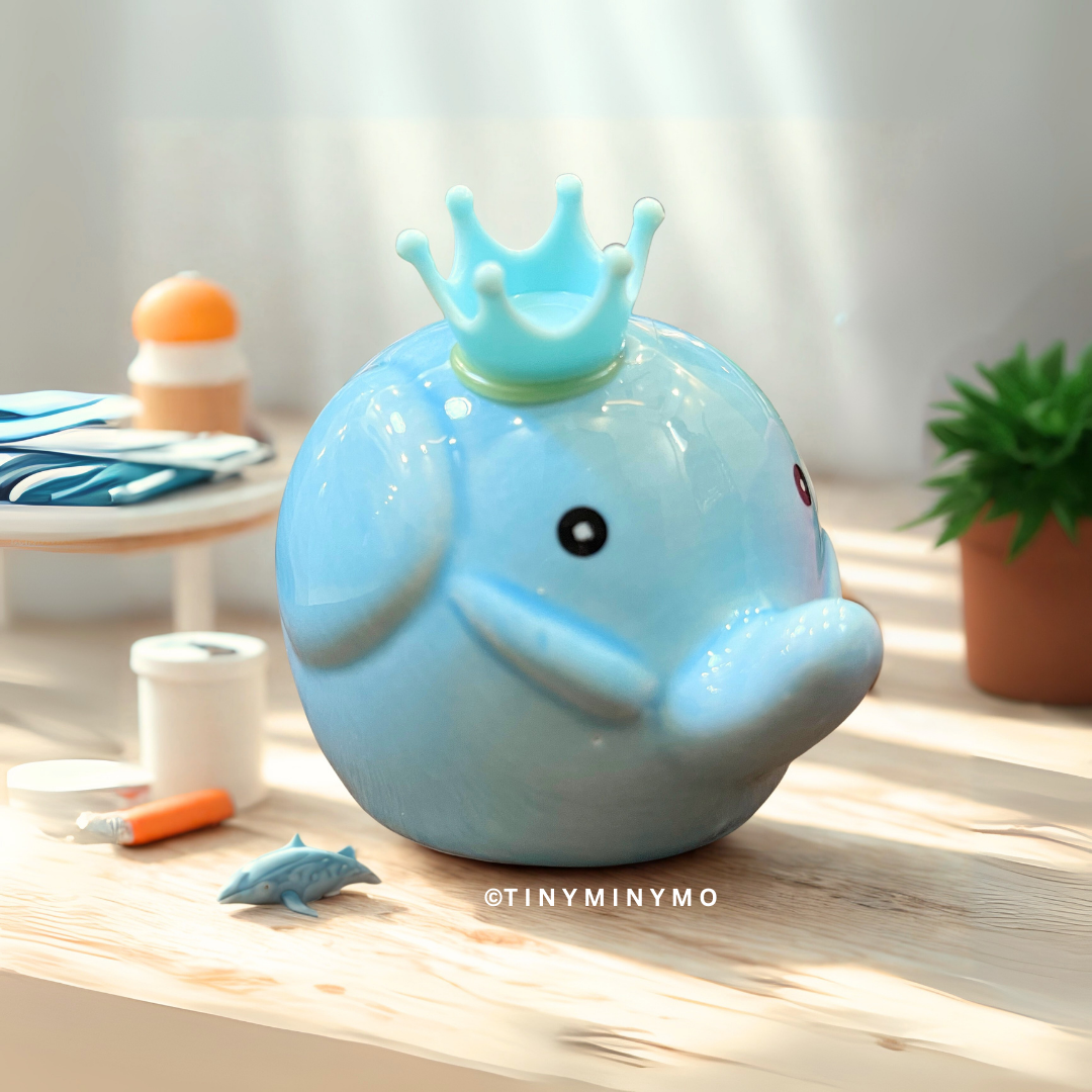Blue Elephant Piggy Bank with a crown on a wooden surface -Tinyminymo