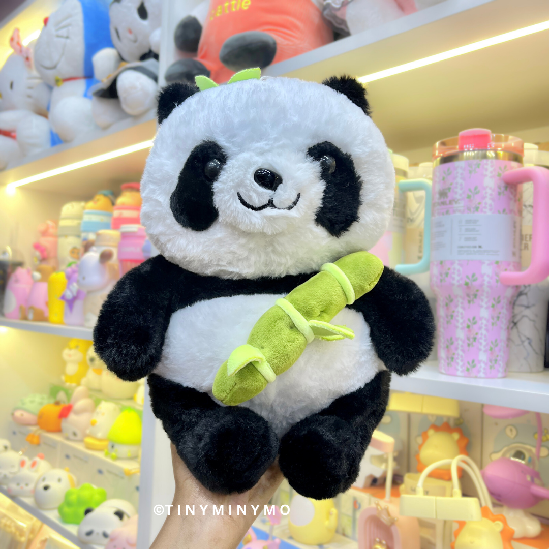 Little Panda Soft Toy Held in front of Store Shelf - Tinyminymo