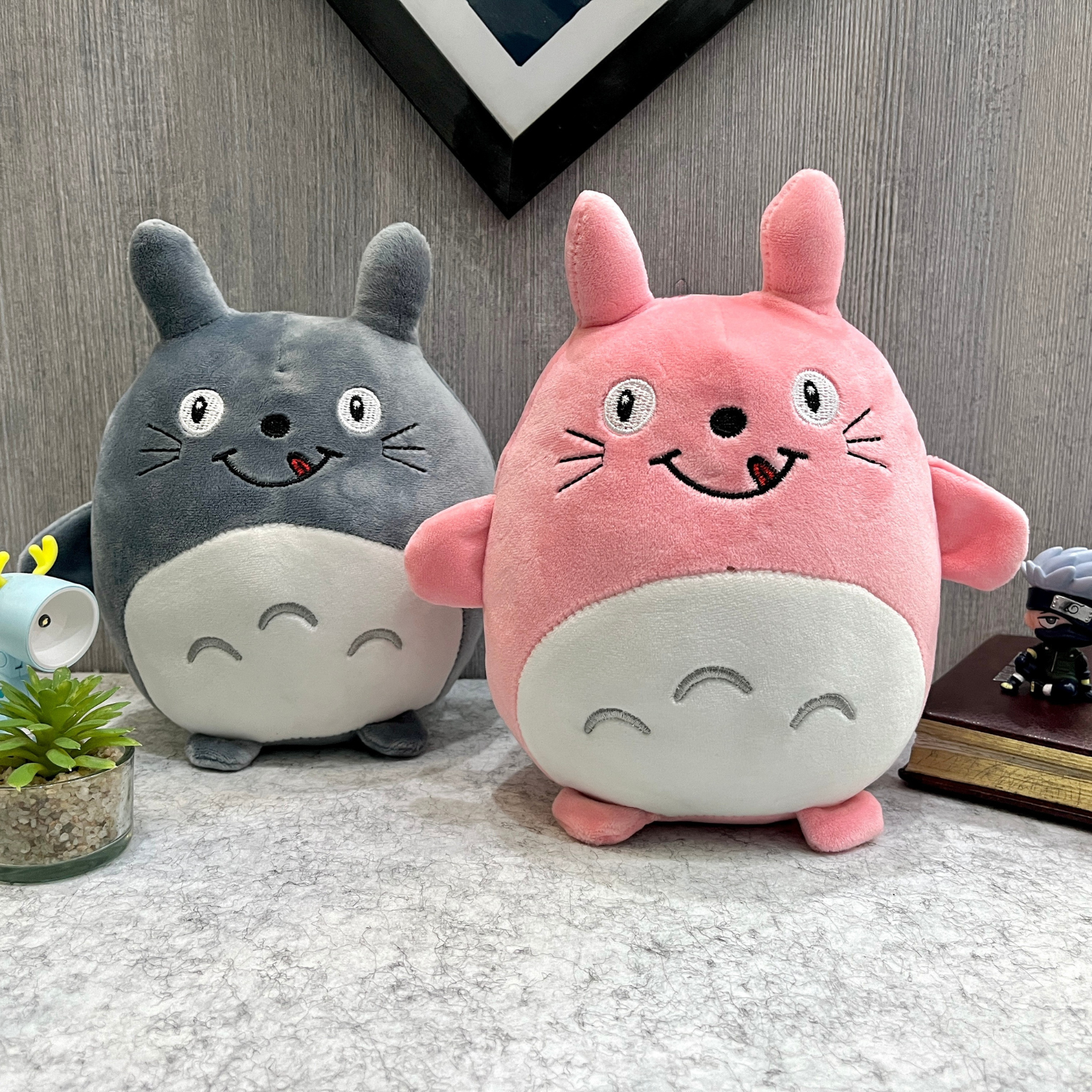 Grey and Pink Totoro Soft Toy Standing on the Table - Tinyminymo