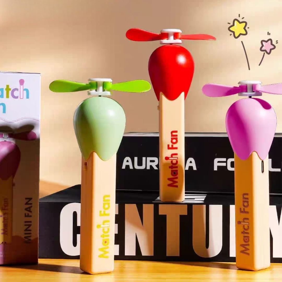Three Colorful Match Stick Hand Fans with Propellers on a Wooden Surface - Tinyminymo