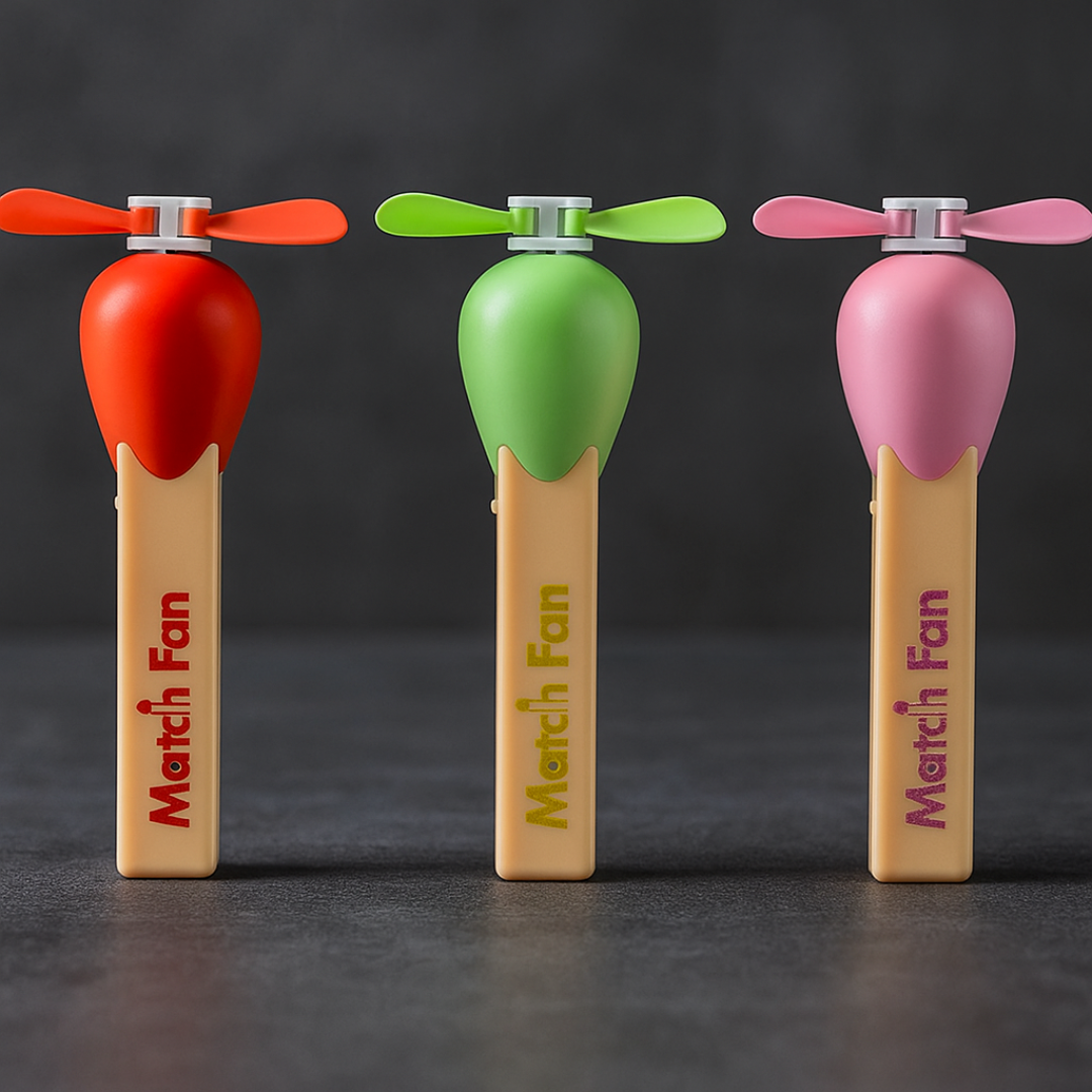 Three Different Colorful Match Stick Shaped Fans with Propellers on a Dark Background  - Tinyminymo