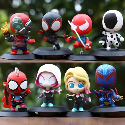 Collection of Multiverse Spiderman Action Figures on a Wooden Surface - Tinyminymo