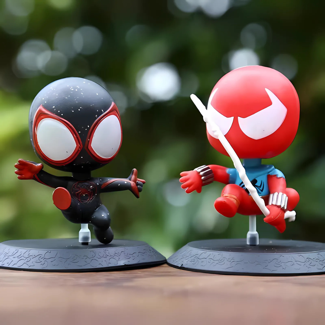 Two Multiverse Spiderman Action FigureS on a Wooden Surface - Tinyminymo