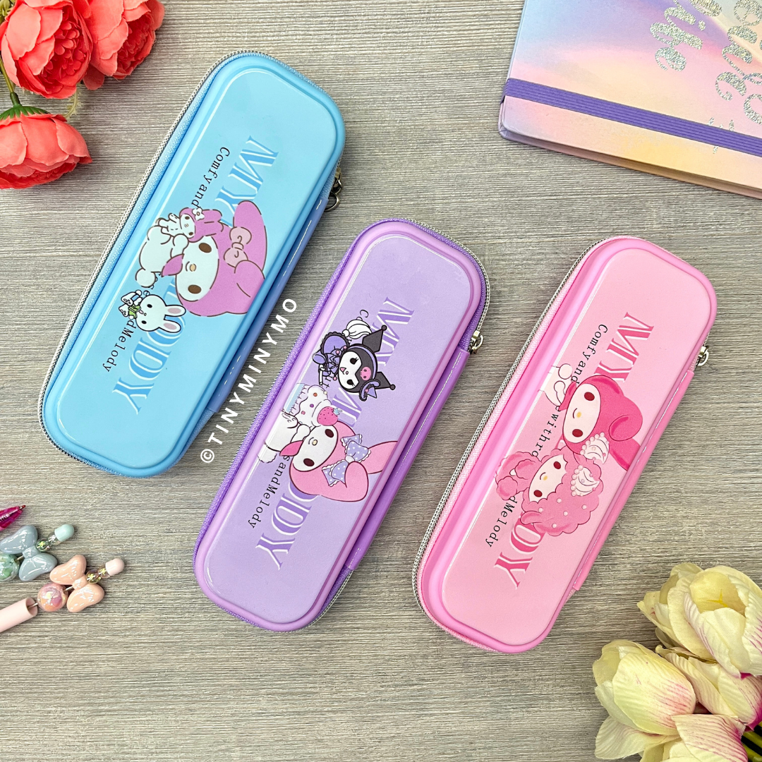 3 Variants of My Melody Pencil Case on a Wooden Textured Surface - Tinyminymo