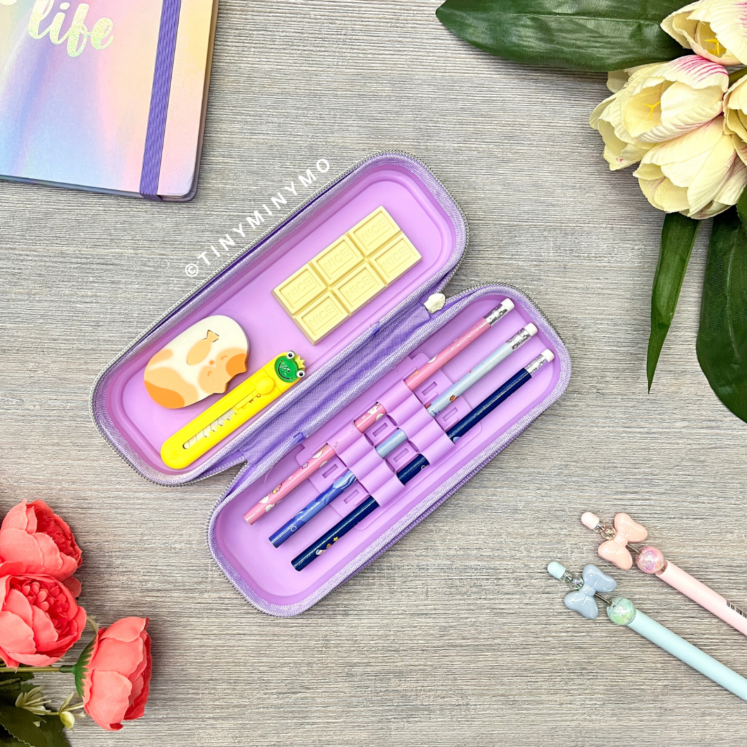 Purple My Melody Pencil Case with Stationery Items arranged Inside - Tinyminymo