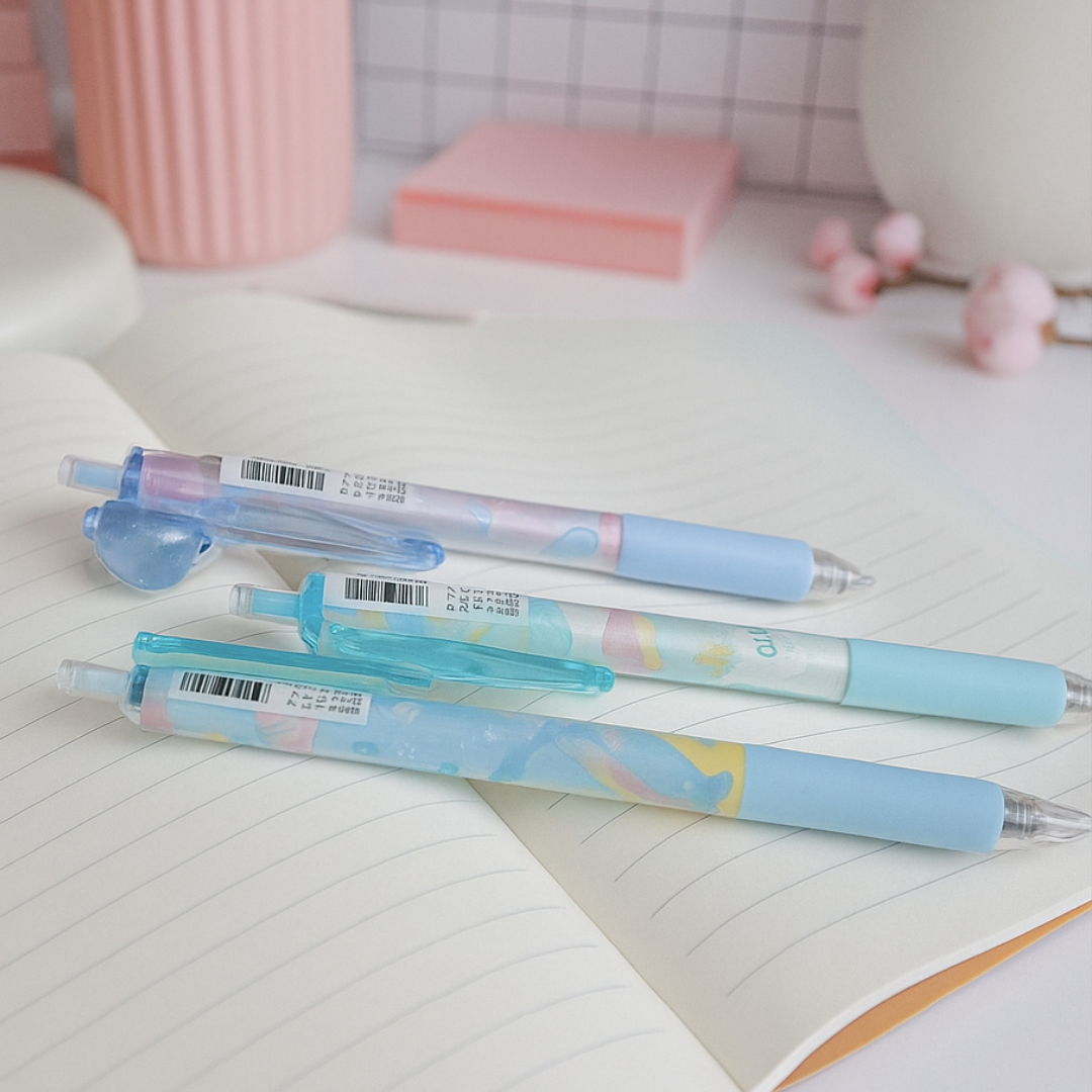 Three Different Designs of Ocean World Gel Pen placed on a Notebook - Tinyminymo