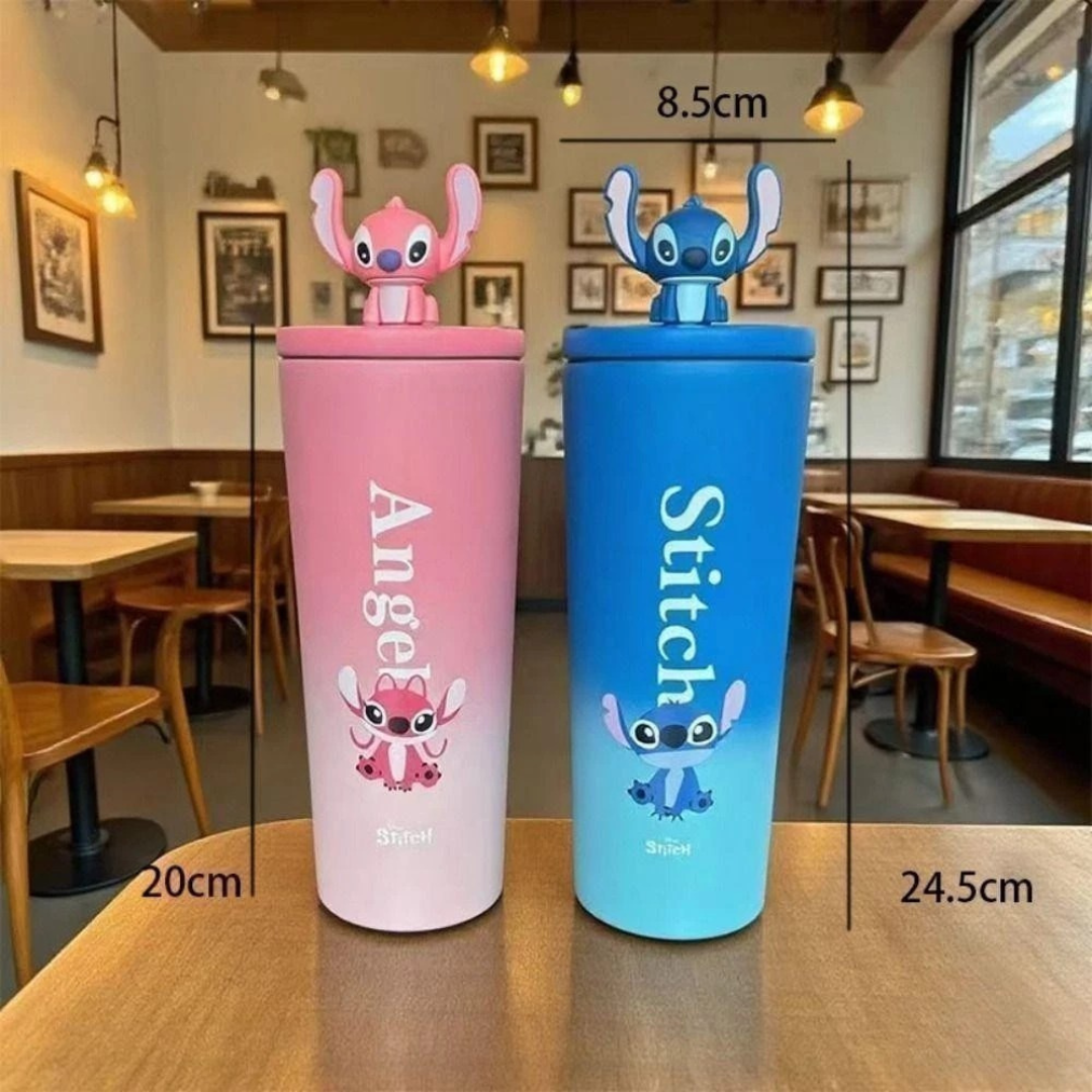 Two Ombre Steel Tumbler, one Angel and one Stitch on a table with a Restaurant Background - Tinyminymo