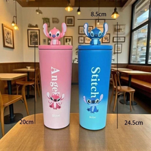 Load image into Gallery viewer, Two Ombre Steel Tumbler, one Angel and one Stitch on a table with a Restaurant Background - Tinyminymo
