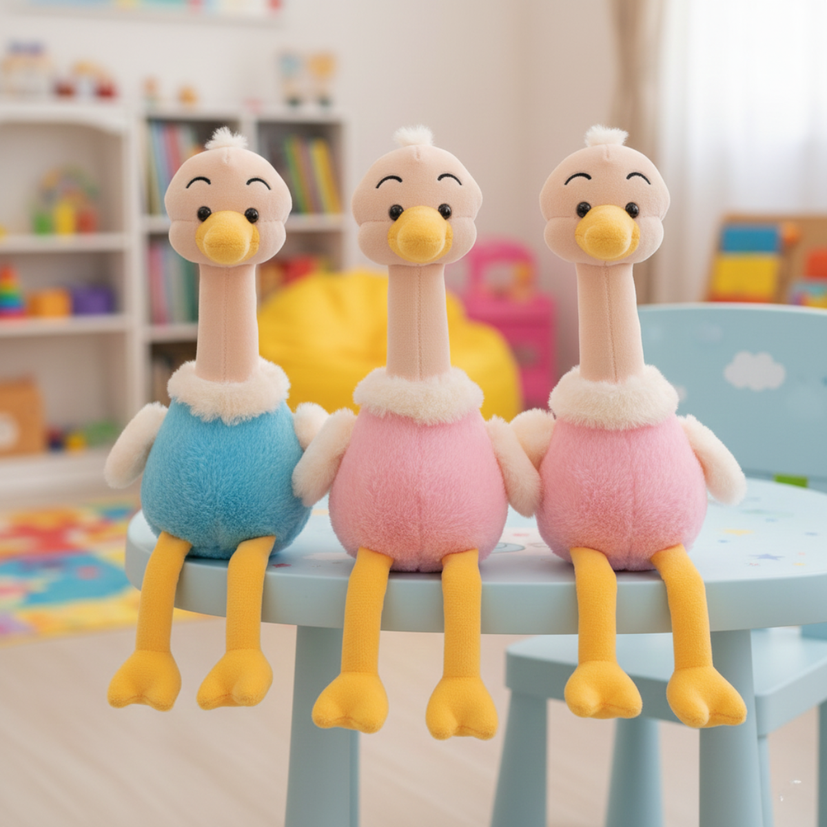 Three Ostrich Plushies sitting on a Stool - Tinyminymo