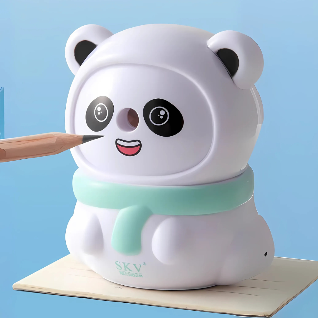 Panda Mechanical Sharpener with Green Scarf on a Blue Background - Tinyminymo