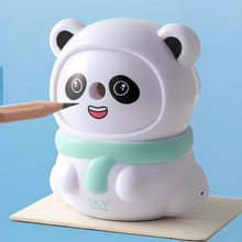 Load image into Gallery viewer, Panda Mechanical Sharpener with Green Scarf on a Blue Background - Tinyminymo
