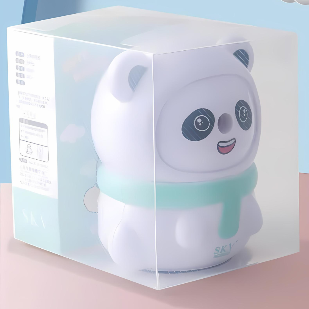 Panda Mechanical Sharpener in a clear packaging box on a pink surface - Tinyminymo