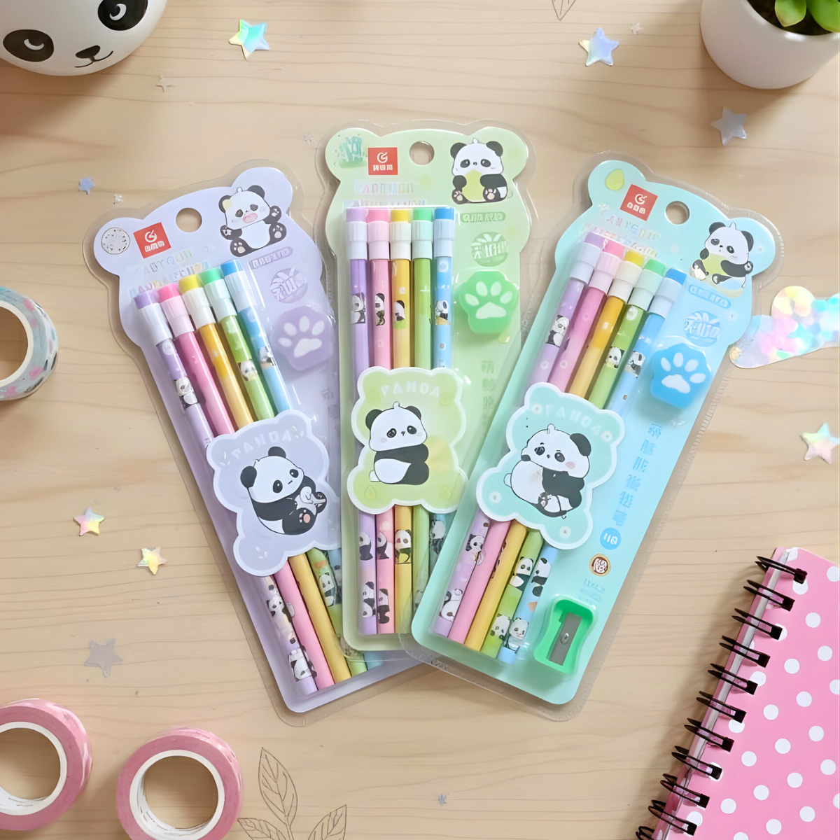 Three Panda Pencil Set in Different Colors - Tinyminymo