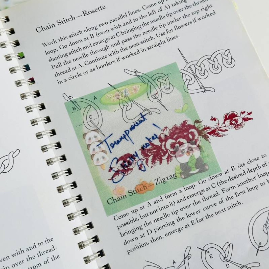 Spiral Bound Book with Embroidery Patterns and Instructions, Featuring Panda Sticky Note and Floral Design - Tinyminymo