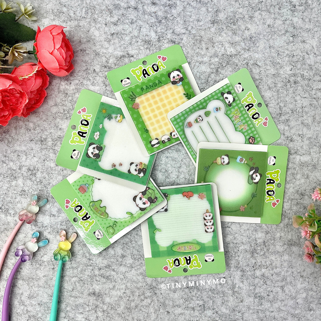 Set of Panda Sticky Notes with Decorative Elements Placed on a Grey Surface - Tinyminymo