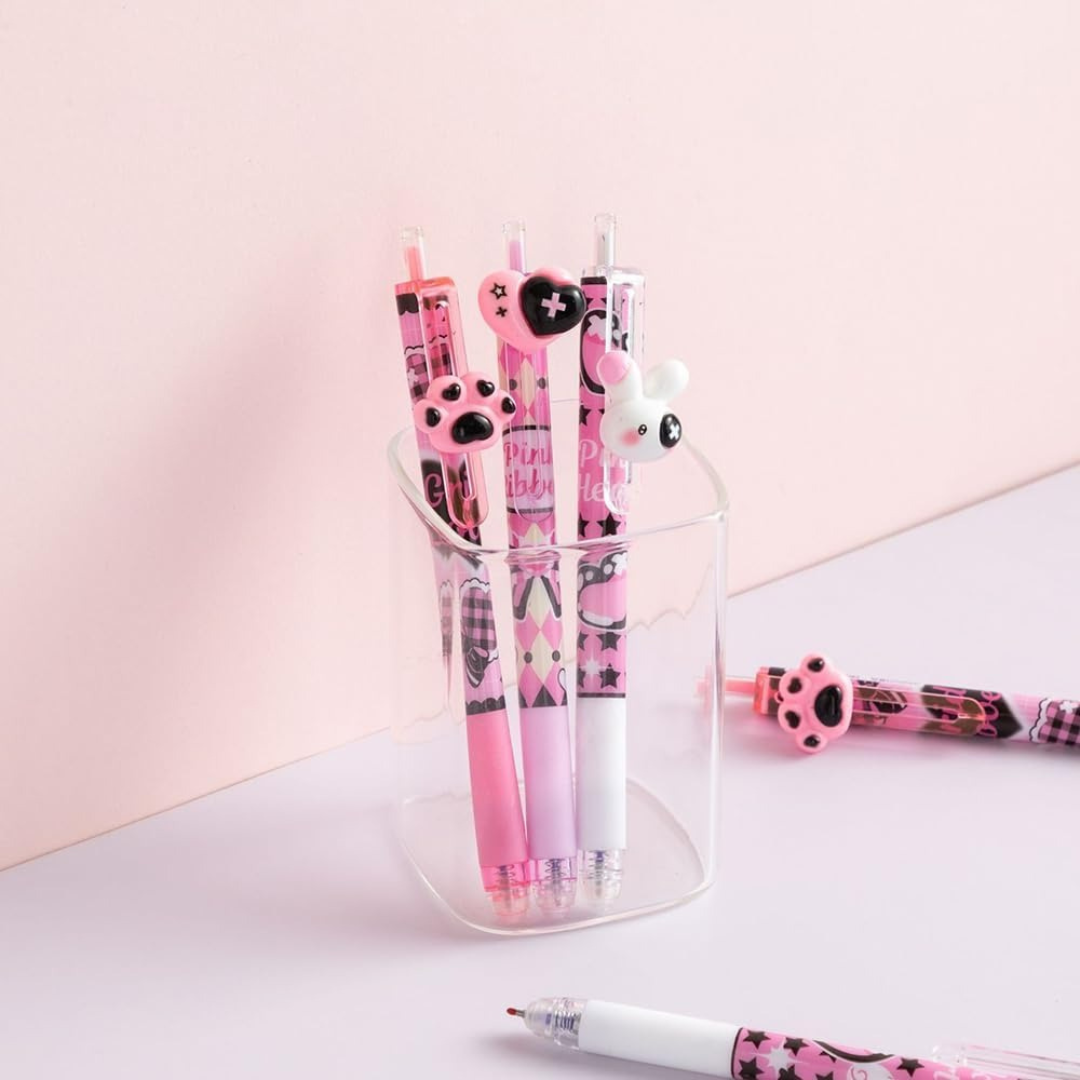 Three Design of Pink World Gel Pen in a Clear Pen Holder - Tinyminymo