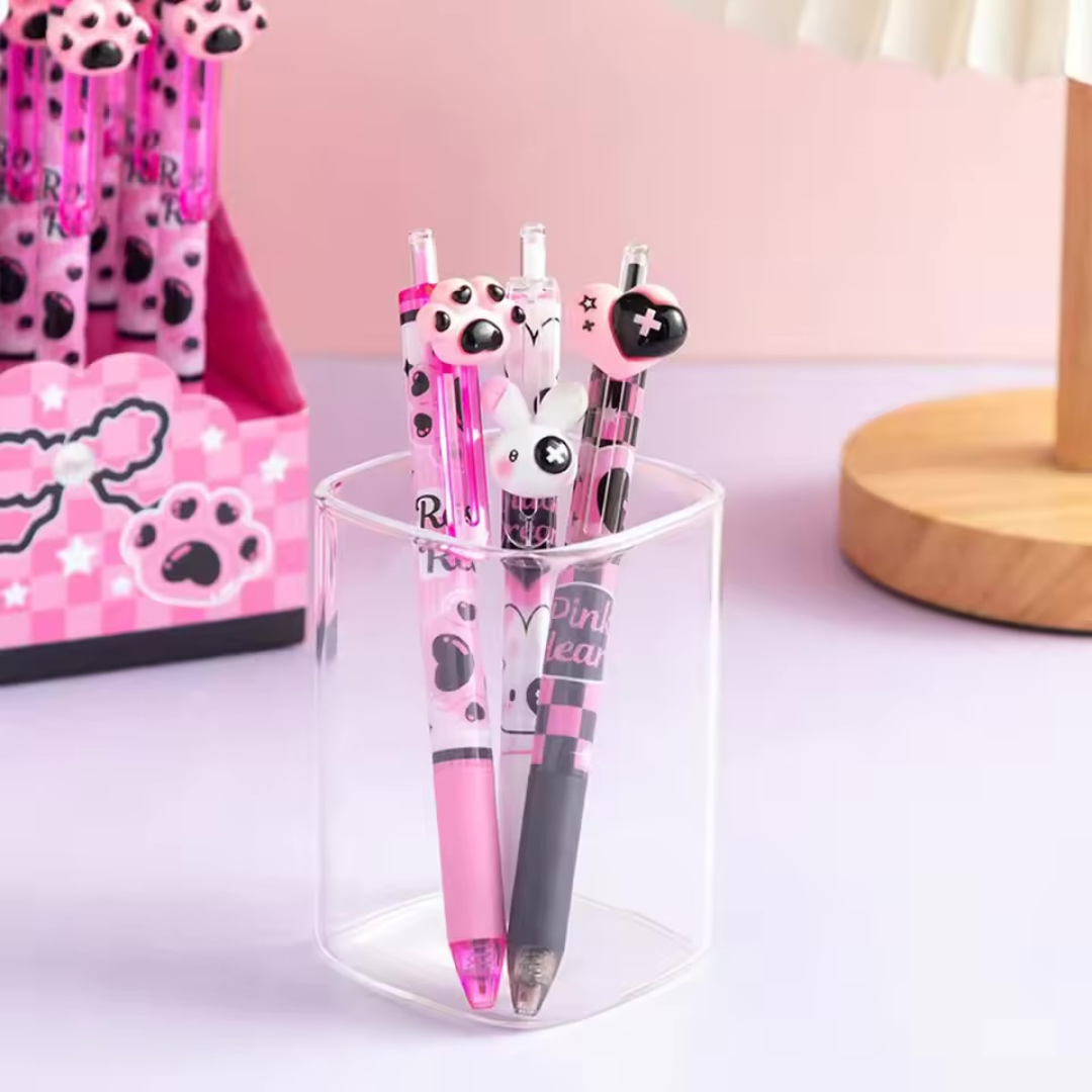 Three Design of Pink World Gel Pen in a Clear Pen Holder - Tinyminymo