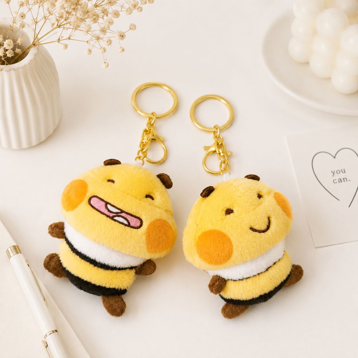 Two Fluffy Keychains with Honey Bee Design - Tinyminymo